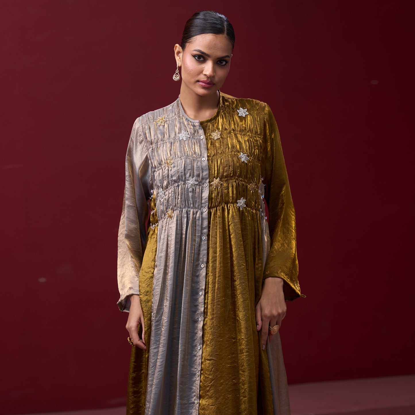 Flare embellished Golden & Silver kurta Dress