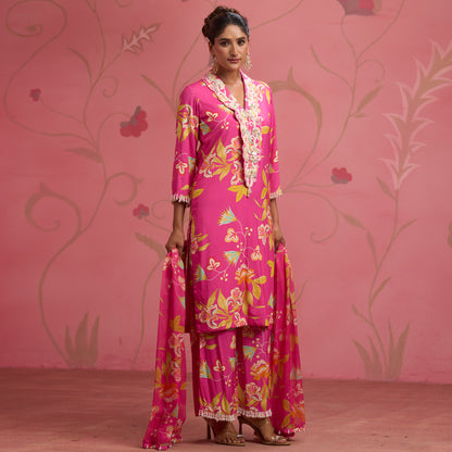 Bloom Story – Rose Pink Hand-Embroidered Fusion Kurta Set