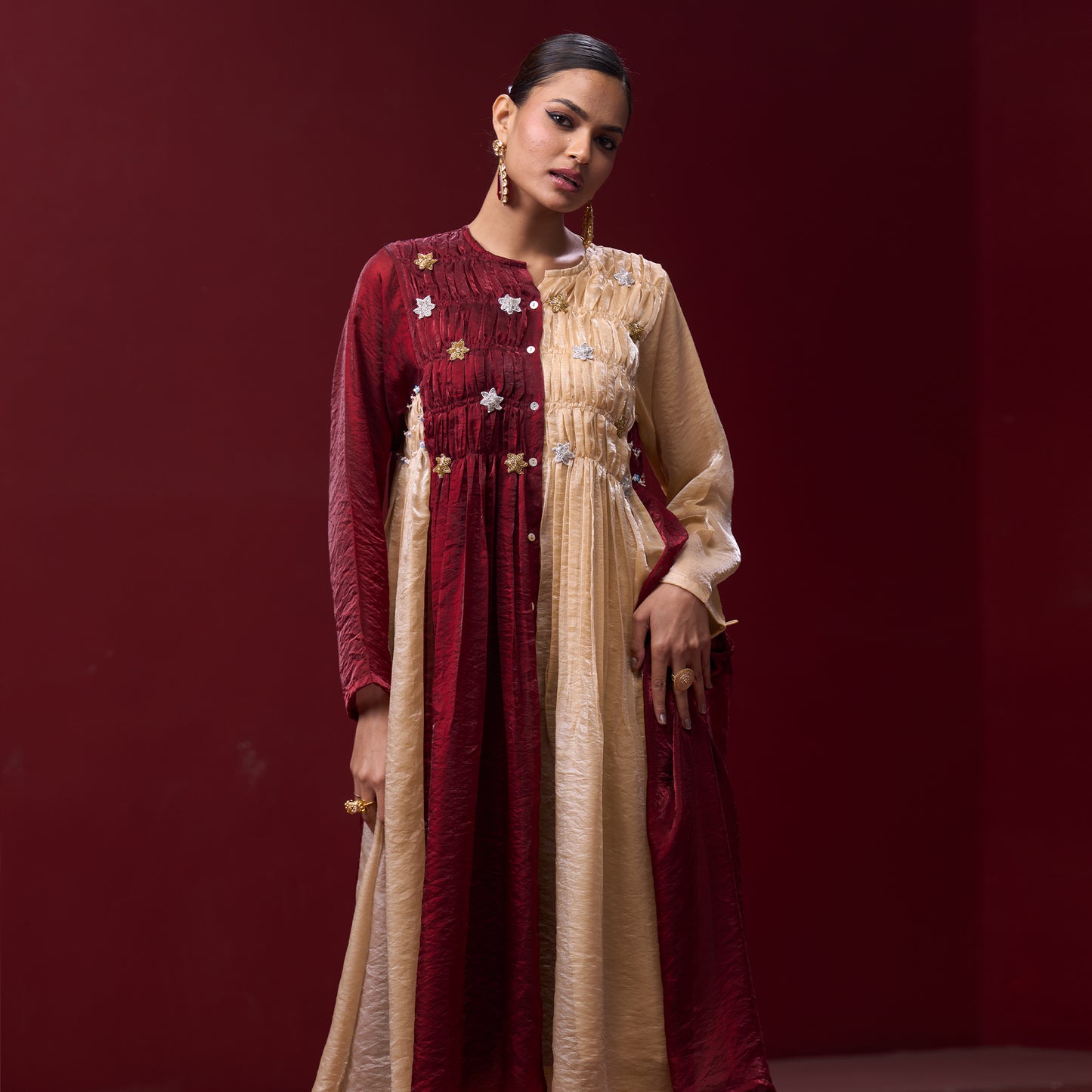 Flare Embellished Red & Cream Kurta Dress with Pant