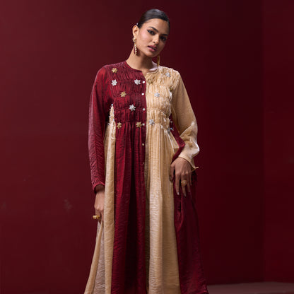 Flare Embellished Red & Cream Kurta Dress with Pant