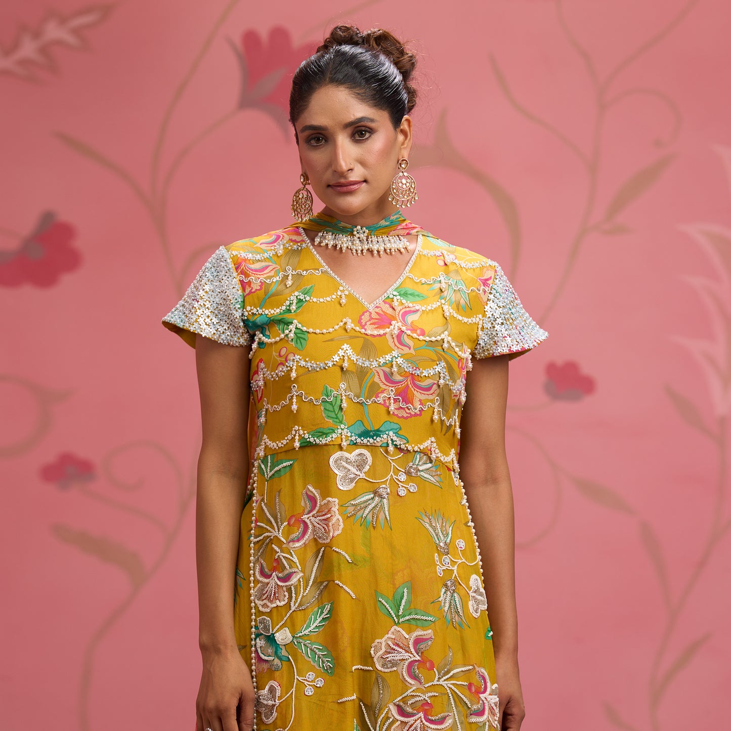 Bloom Story – Mustard Hand-Embroidered Layered Floral Dress