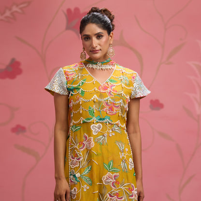 Bloom Story – Mustard Hand-Embroidered Layered Floral Dress