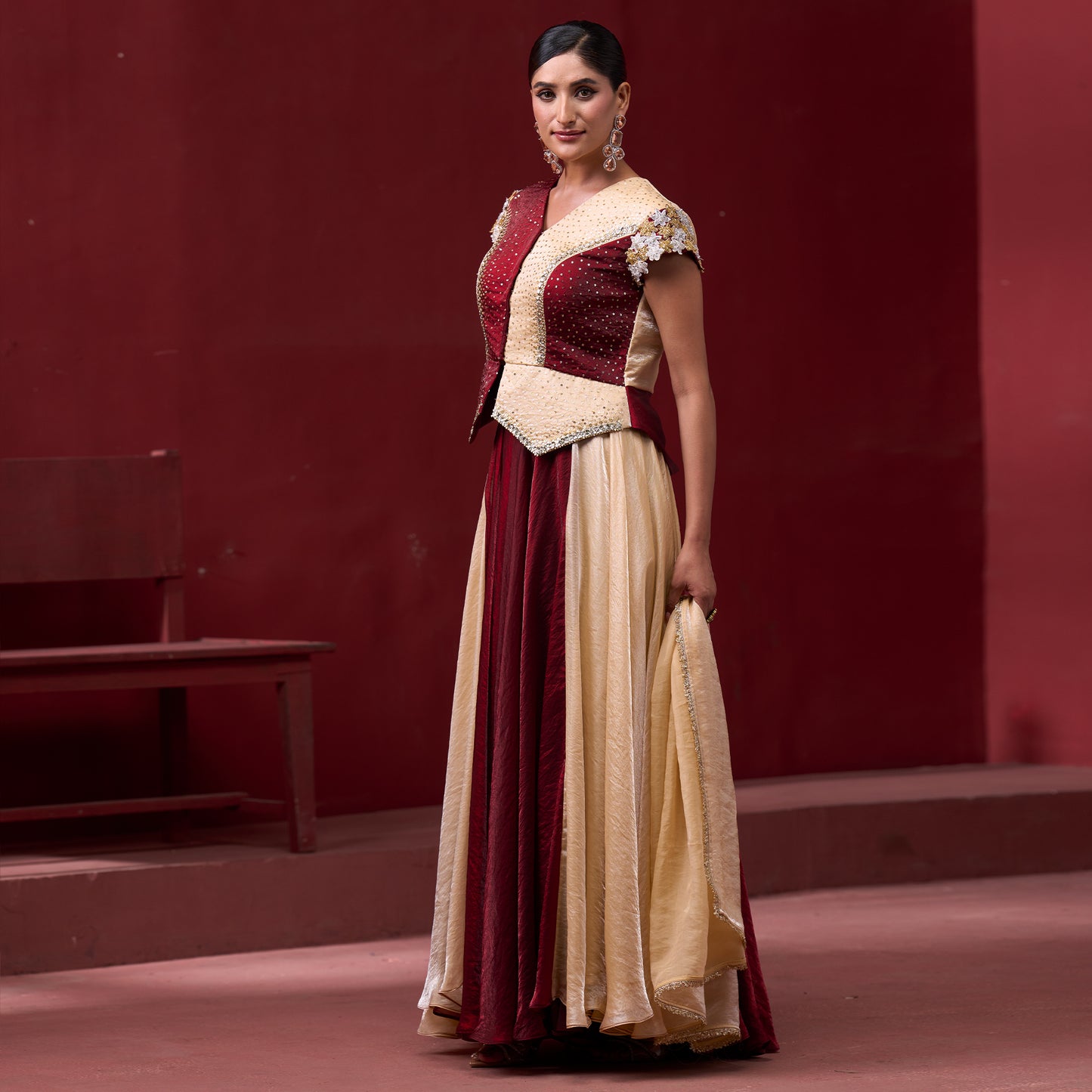 Drape Red & Cream Skirt with Embellished Top and Dupatta