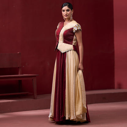 Drape Red & Cream Skirt with Embellished Top and Dupatta