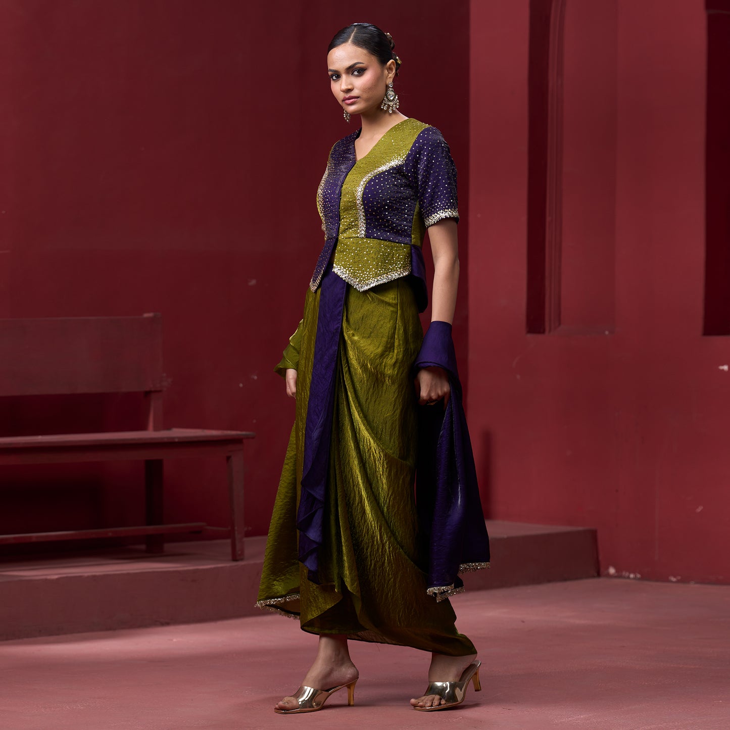Drape Purple & Green Skirt with Embellished Top and Dupatta