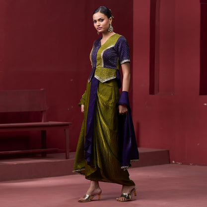 Drape Purple & Green Skirt with Embellished Top and Dupatta