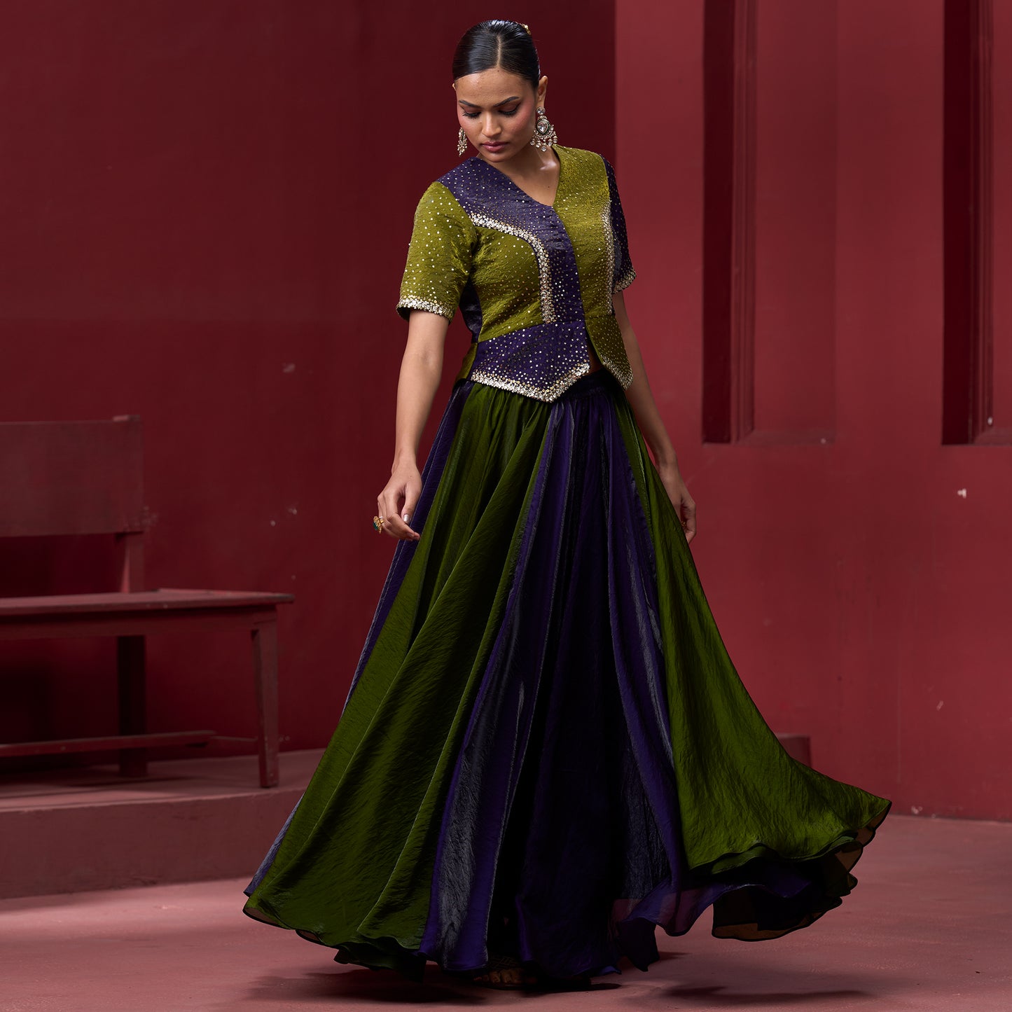 Embellished Purple & Green Top with Flare Skirt