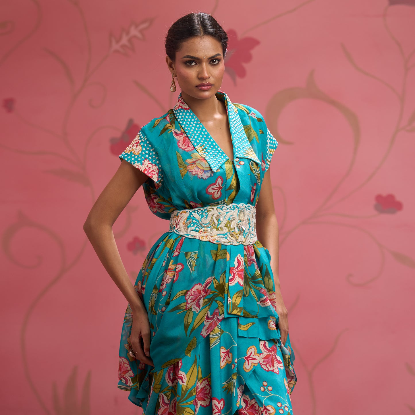 Bloom Story – Teal Floral Indo-Western Layered Dress with Embroidered Waist Belt