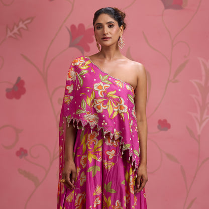 Bloom Story – Rose Pink One-Shoulder Hand-Embroidered Cape Top Set
