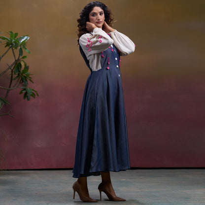 Indigo Blossom Denim Pinafore Dress