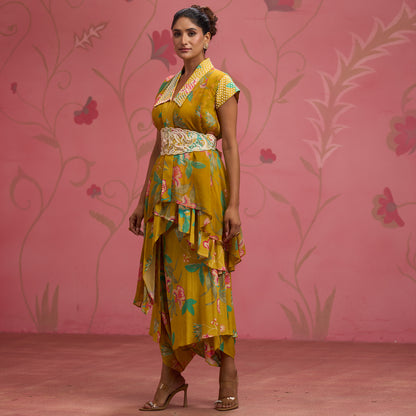 Bloom Story – Mustard Floral Indo-Western Layered Dress with Embroidered Waist Belt