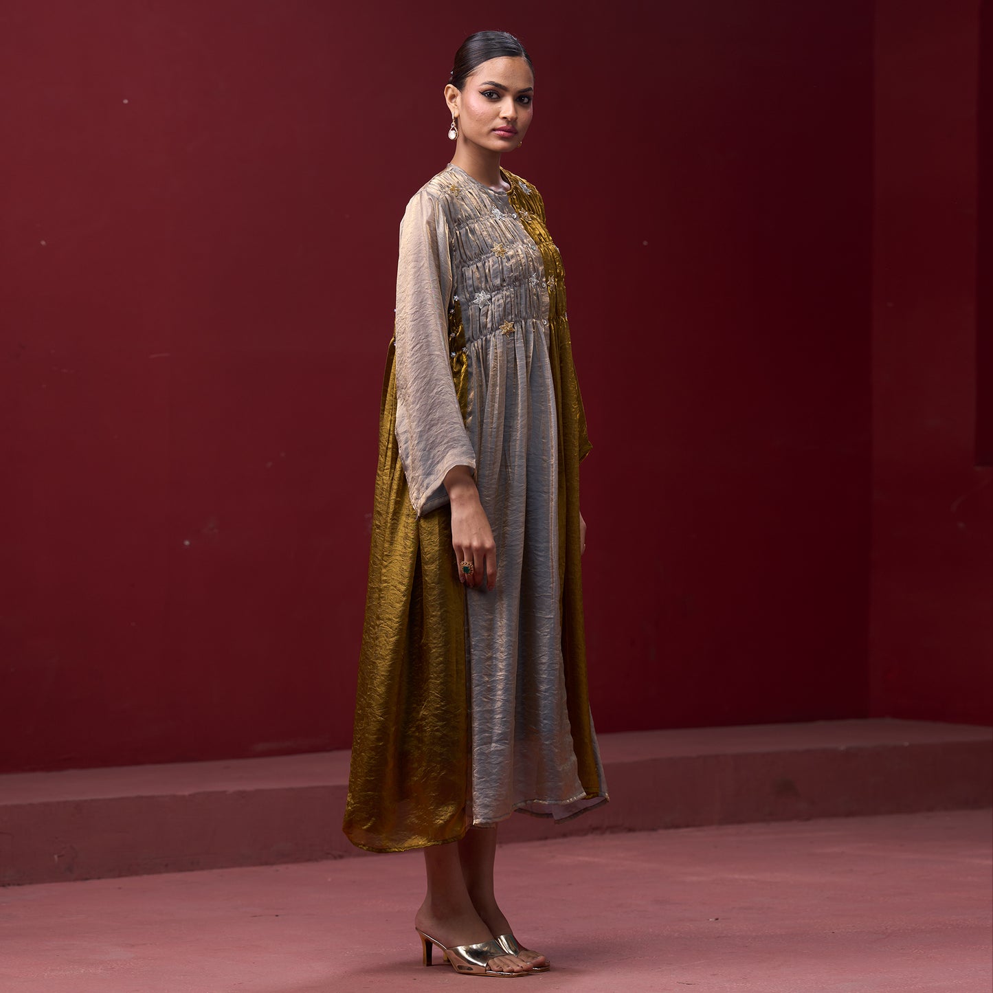 Flare embellished Golden & Silver kurta Dress