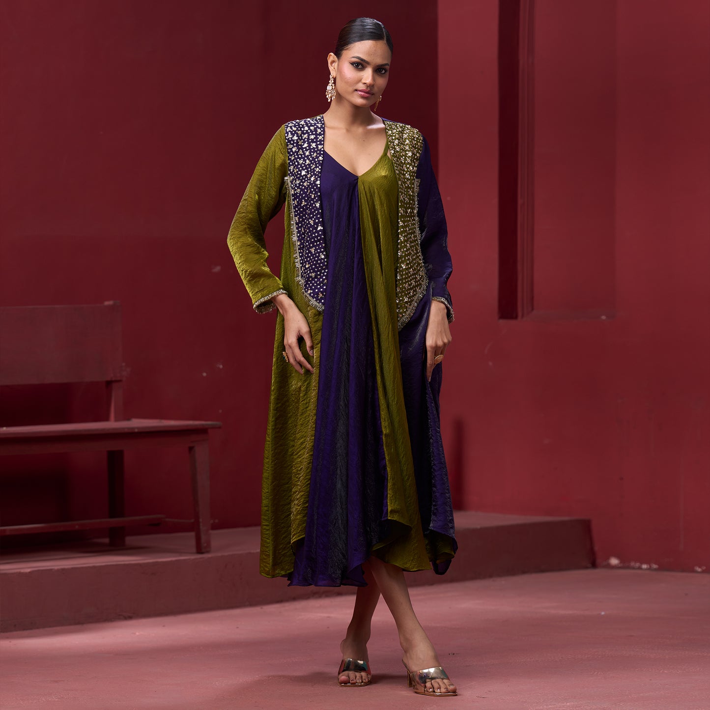 Flare Purple & Green dress with embellished jacket