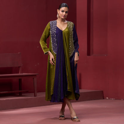 Flare Purple & Green dress with embellished jacket