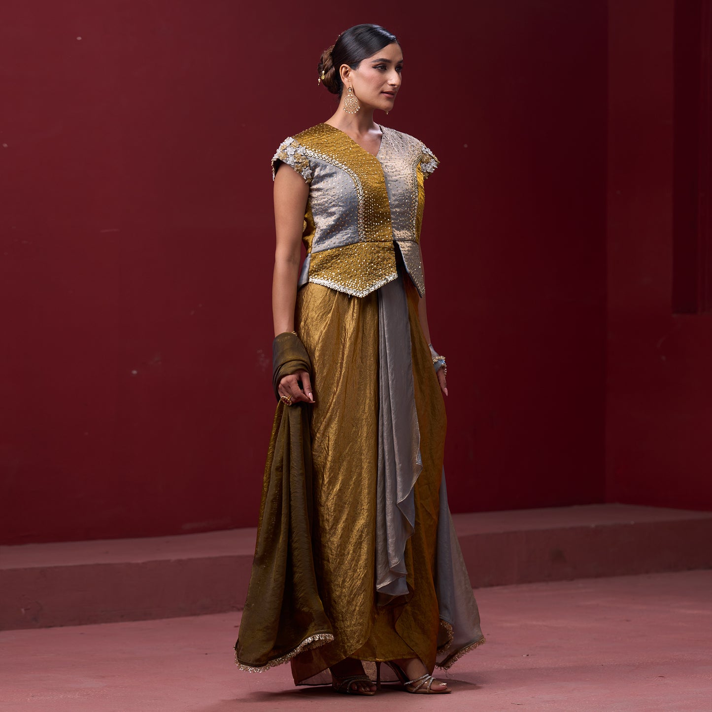 Embellished Golden & Silver Top with Flare Skirt