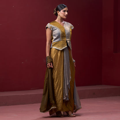 Embellished Golden & Silver Top with Flare Skirt
