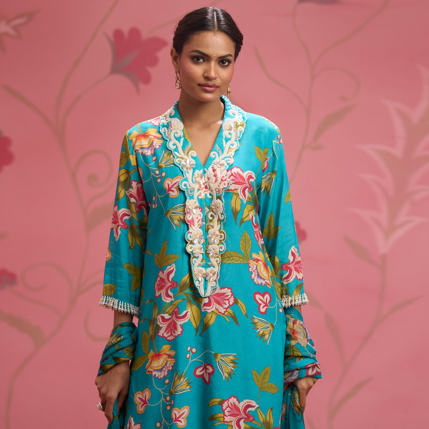 Bloom Story – Teal Blossom Hand-Embroidered Fusion Kurta Set