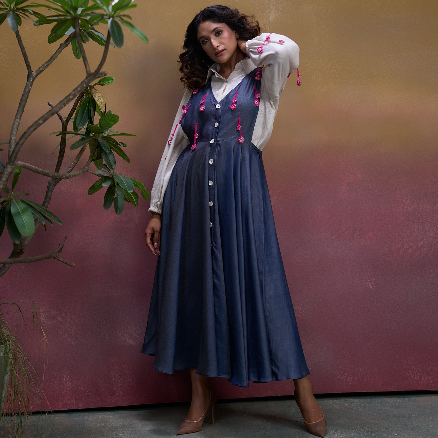 Indigo Blossom Denim Pinafore Dress
