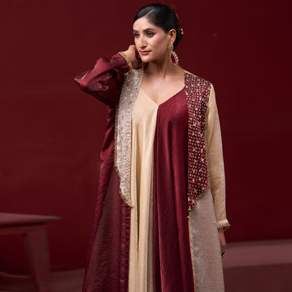 Flare Red & Cream dress with embellished jacket