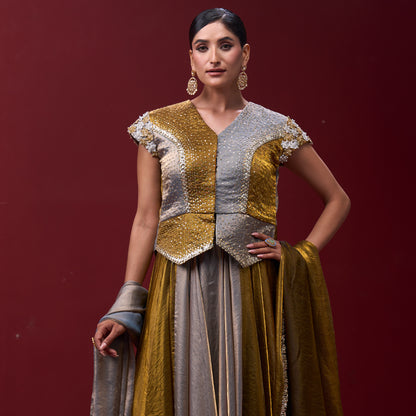 Drape Golden & Silver Skirt with Embellished Top and Dupatta
