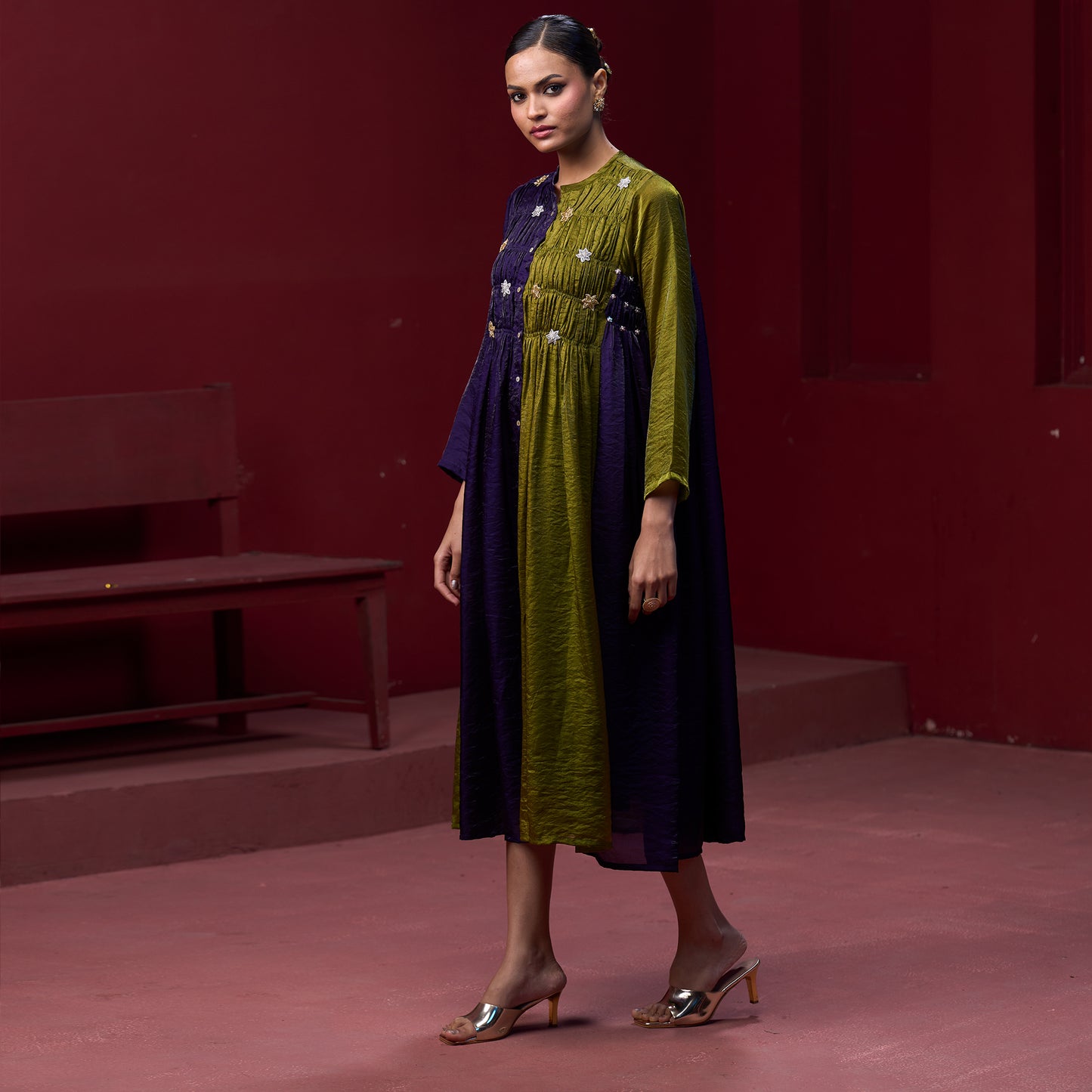 Flare embellished Blue & Green kurta Dress