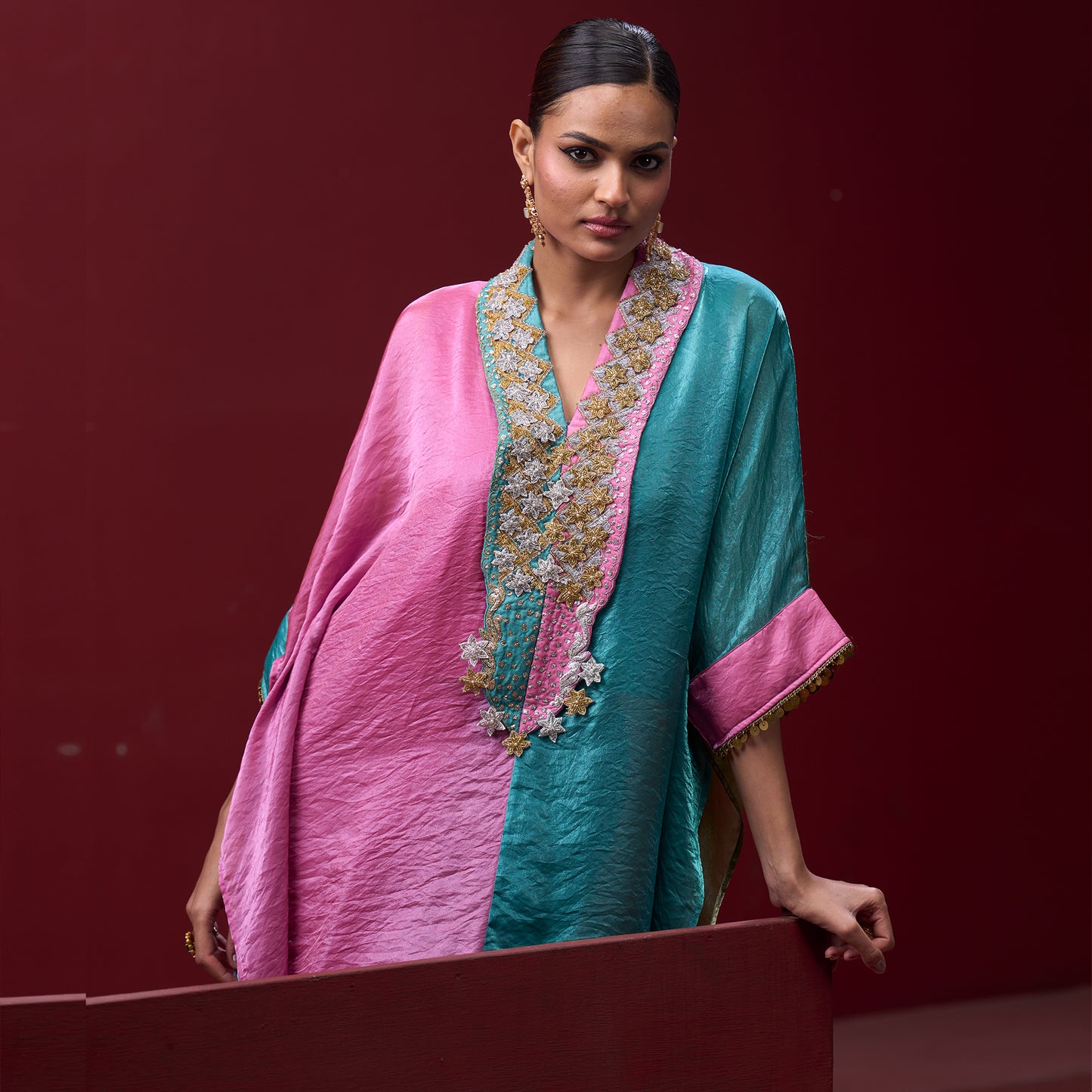 Embellished Pink & Turquoise Neck Kaftan Set