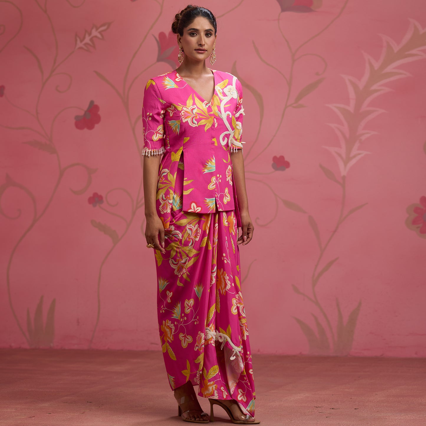 Bloom Story – Rose Pink Hand-Embroidered Draped Fusion Set