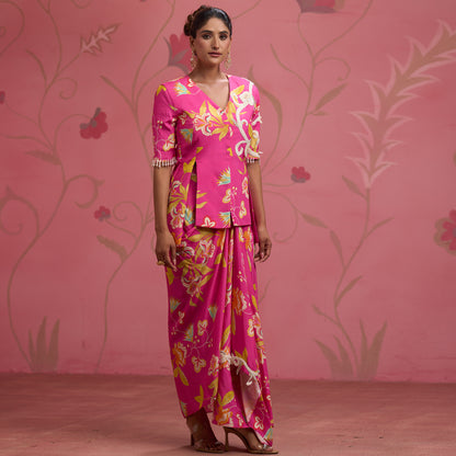 Bloom Story – Rose Pink Hand-Embroidered Draped Fusion Set