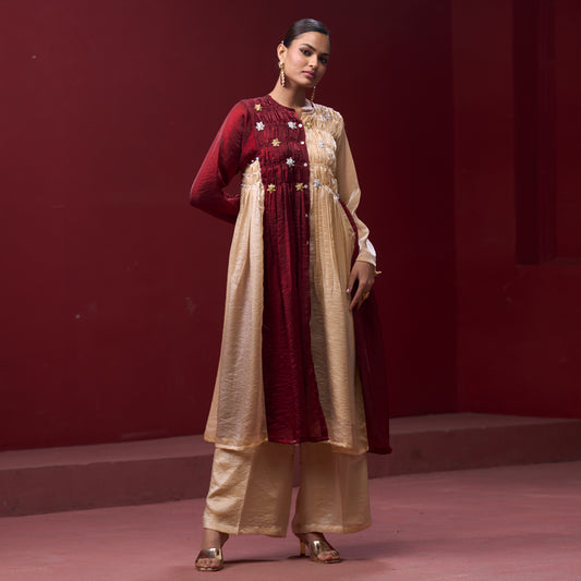 Flare Embellished Red & Cream Kurta Dress with Pant