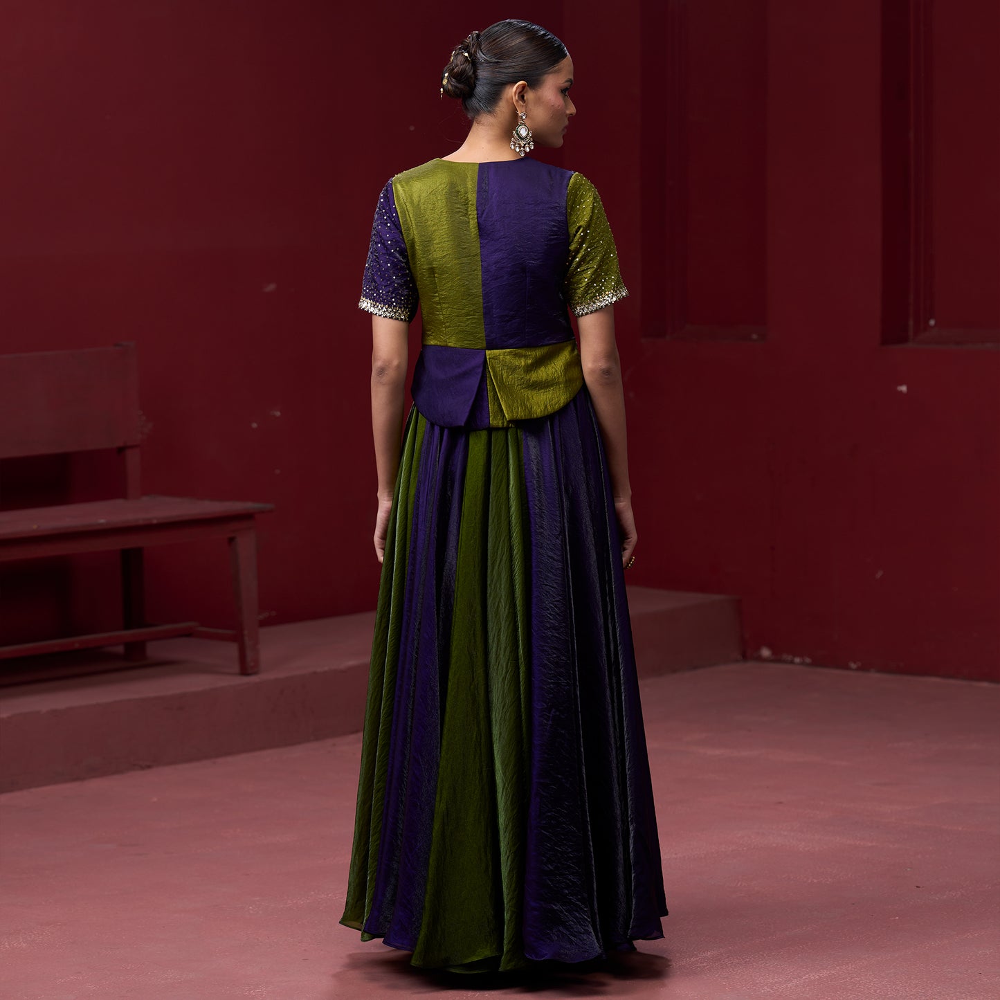 Embellished Purple & Green Top with Flare Skirt