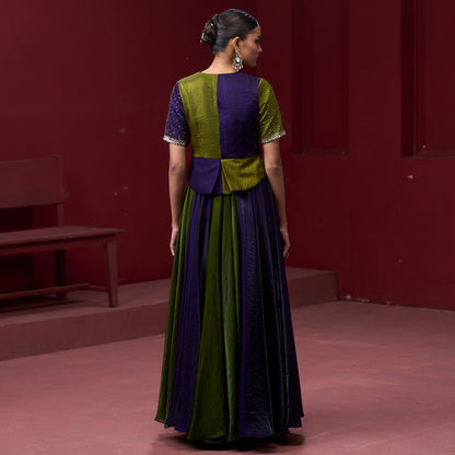 Embellished Purple & Green Top with Flare Skirt