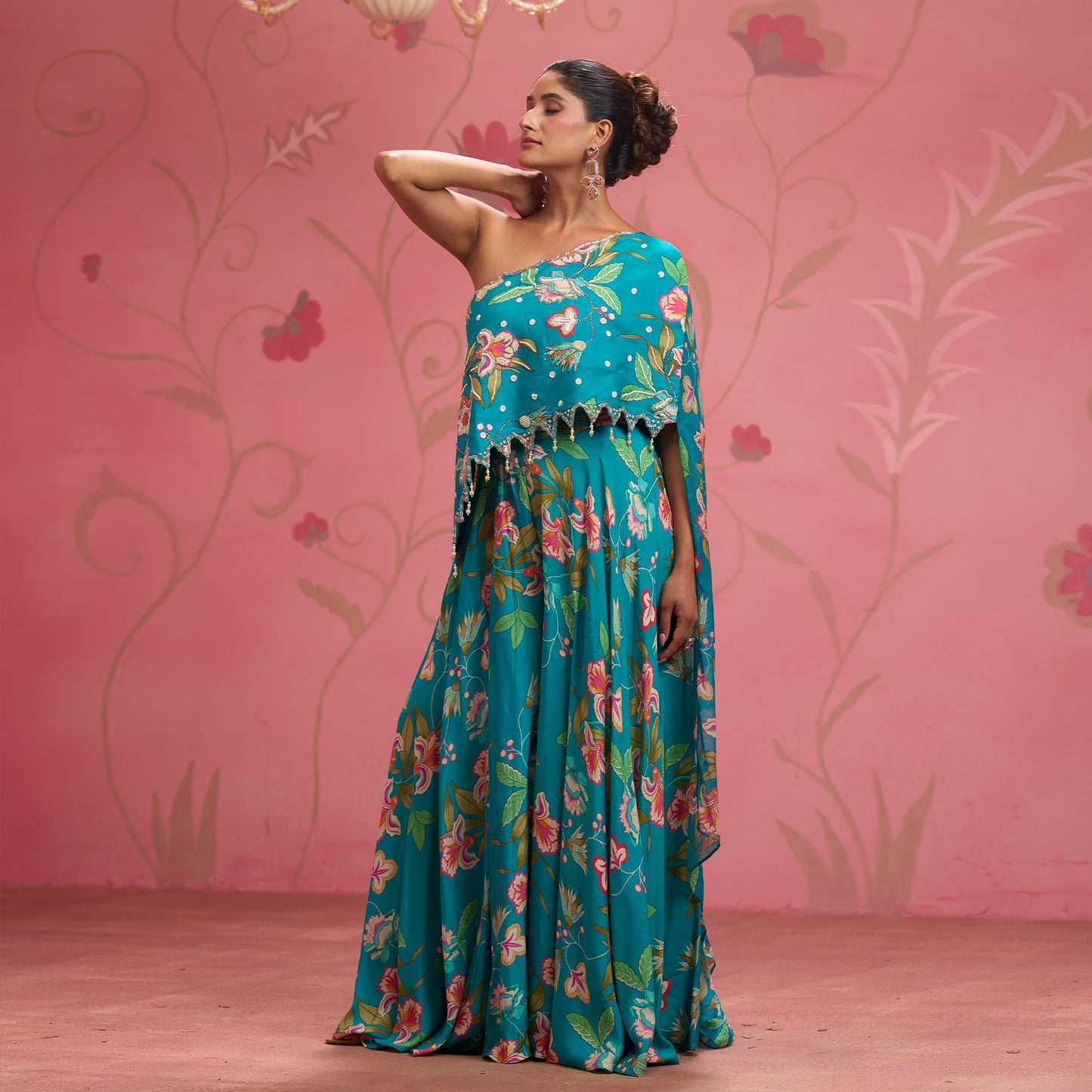 Bloom Story – Teal One-Shoulder Hand-Embroidered Cape Top Set