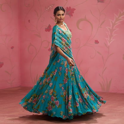 Bloom Story – Teal Floral Handcrafted Draped Lehenga Set