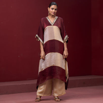 Embellished Red & Cream Neck Kaftan Set