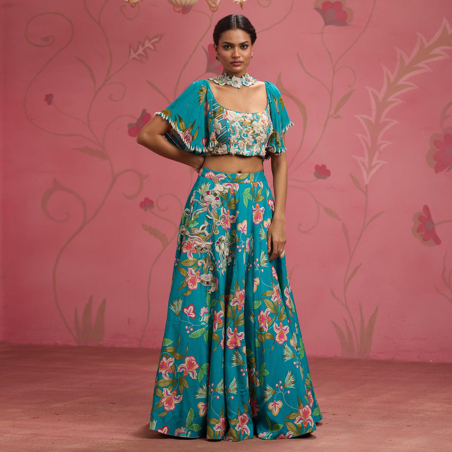 Bloom Story – Teal Blossom Hand-Embroidered Lehenga Set