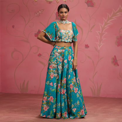 Bloom Story – Teal Blossom Hand-Embroidered Lehenga Set