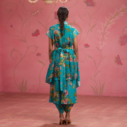 Bloom Story – Teal Floral Indo-Western Layered Dress with Embroidered Waist Belt