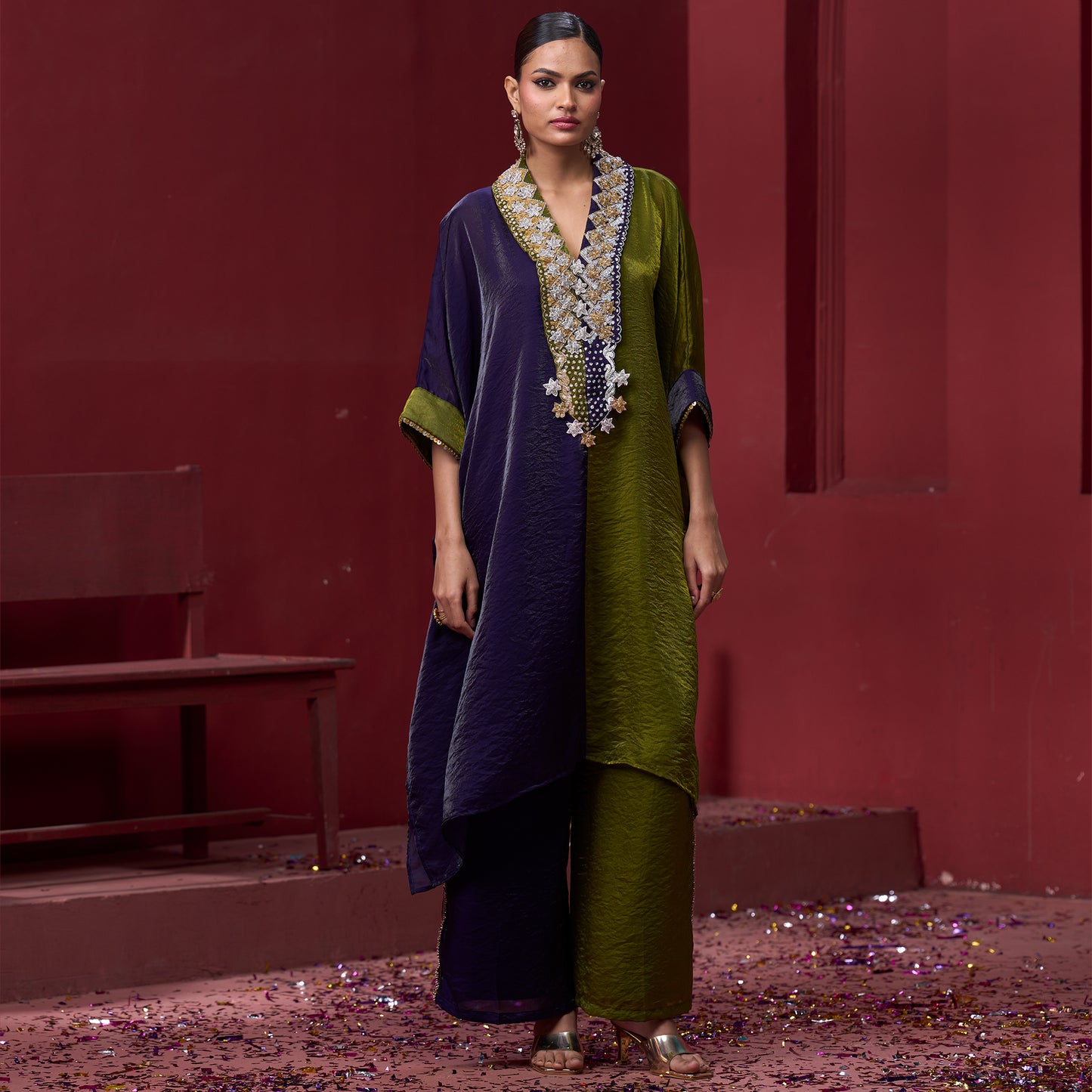 Embellished Purple & Green Neck Kaftan Set