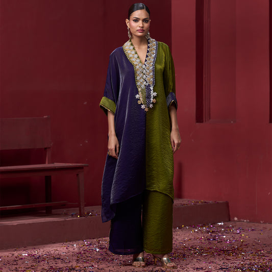 Embellished Purple & Green Neck Kaftan Set