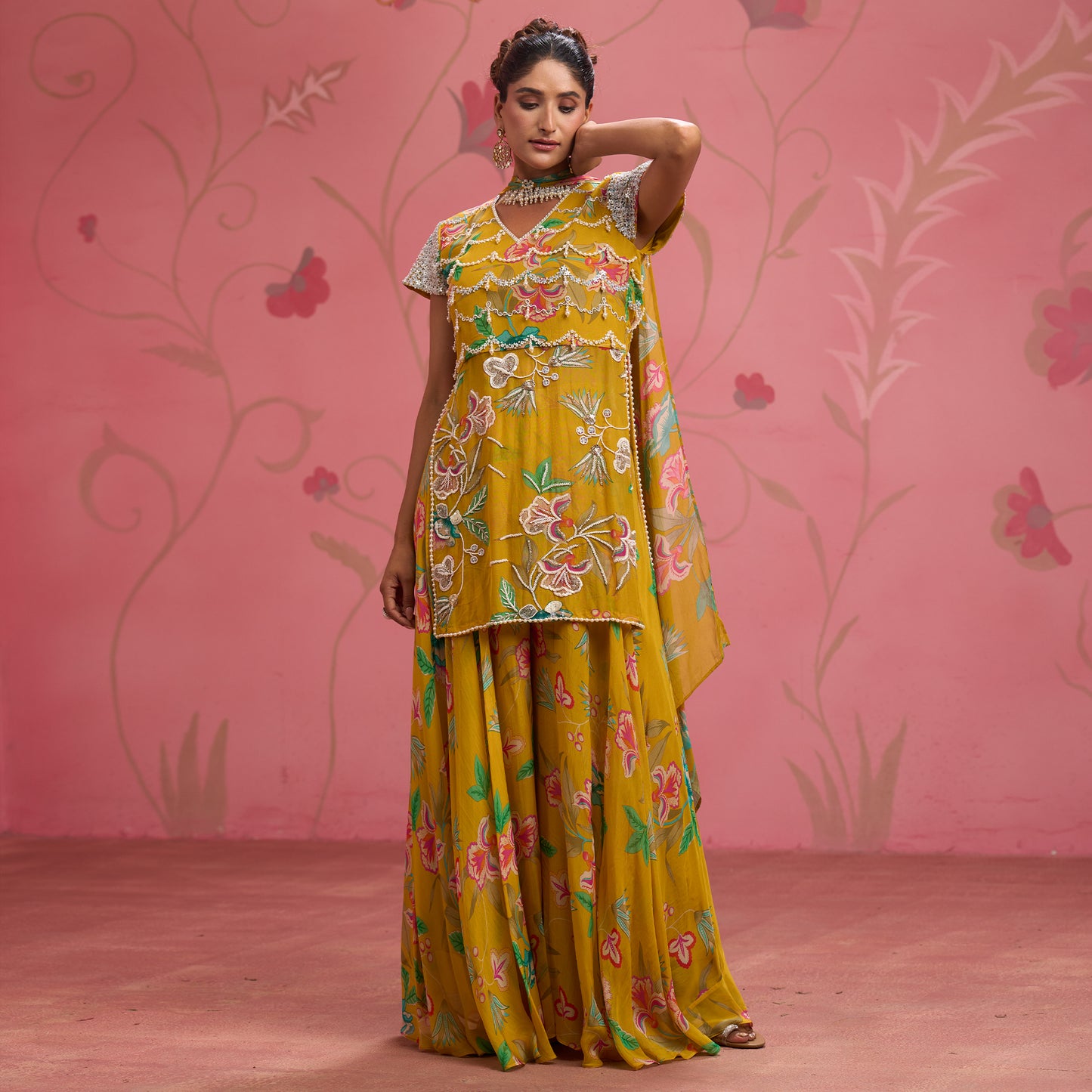 Bloom Story – Mustard Hand-Embroidered Layered Floral Dress