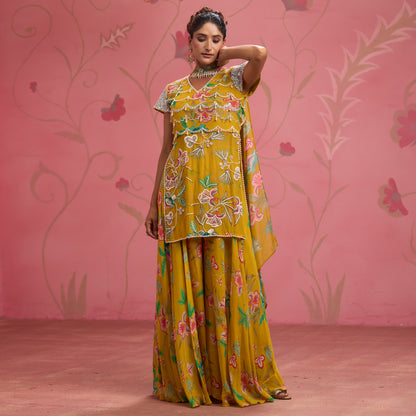 Bloom Story – Mustard Hand-Embroidered Layered Floral Dress