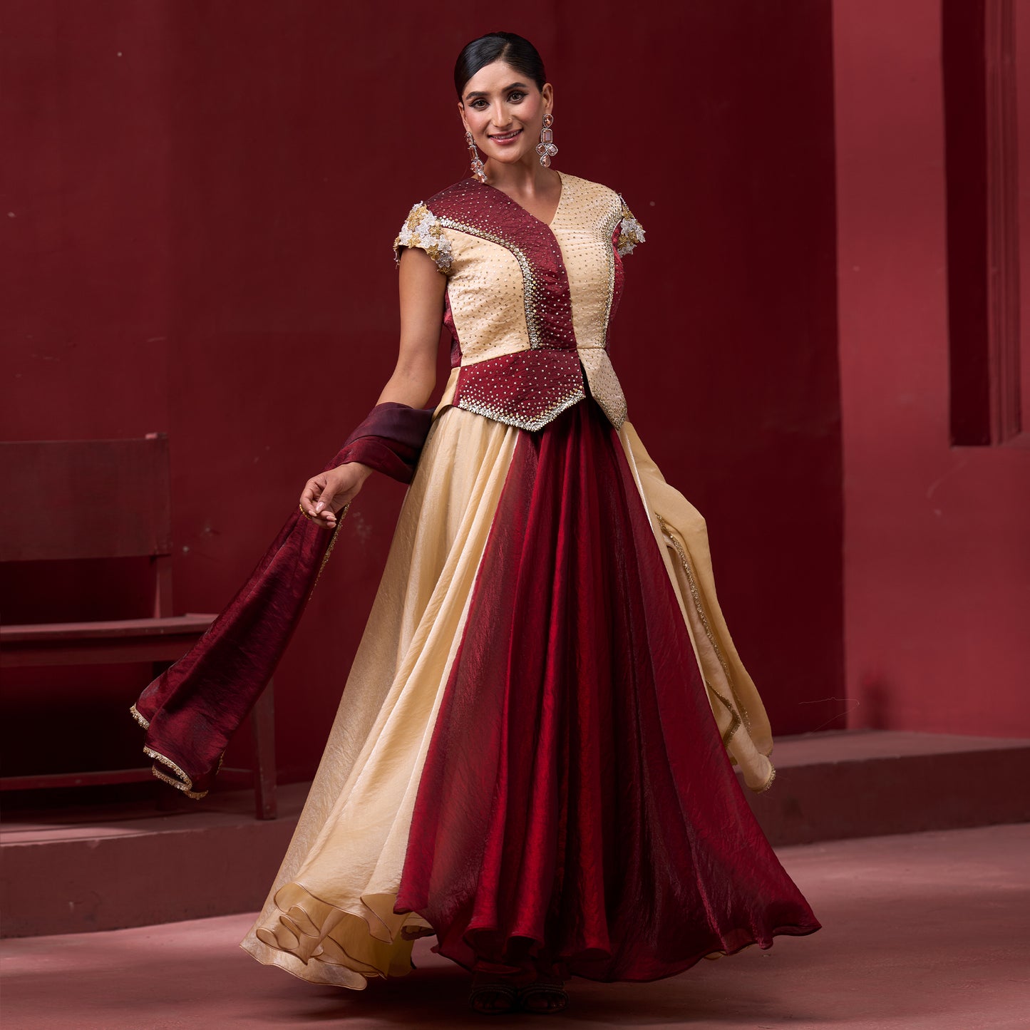 Drape Red & Cream Skirt with Embellished Top and Dupatta