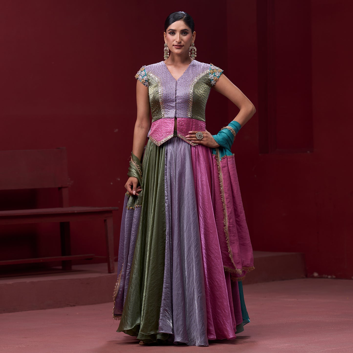 Drape Pink & Turquoise Skirt with Embellished Top and Dupatta