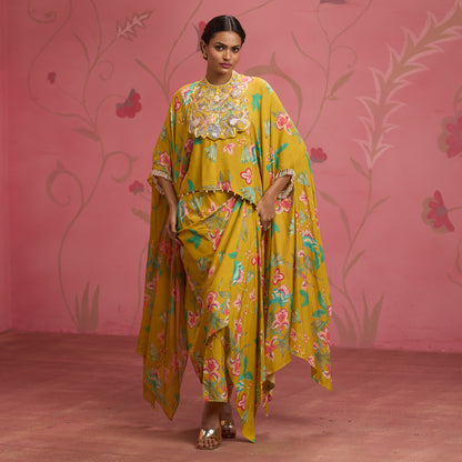 Bloom Story – Mustard Bloom Hand-Embroidered Cape Top Set