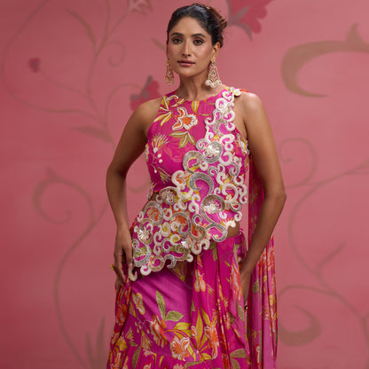 Bloom Story – Rose Pink Garden Handcrafted Draped Lehenga Set