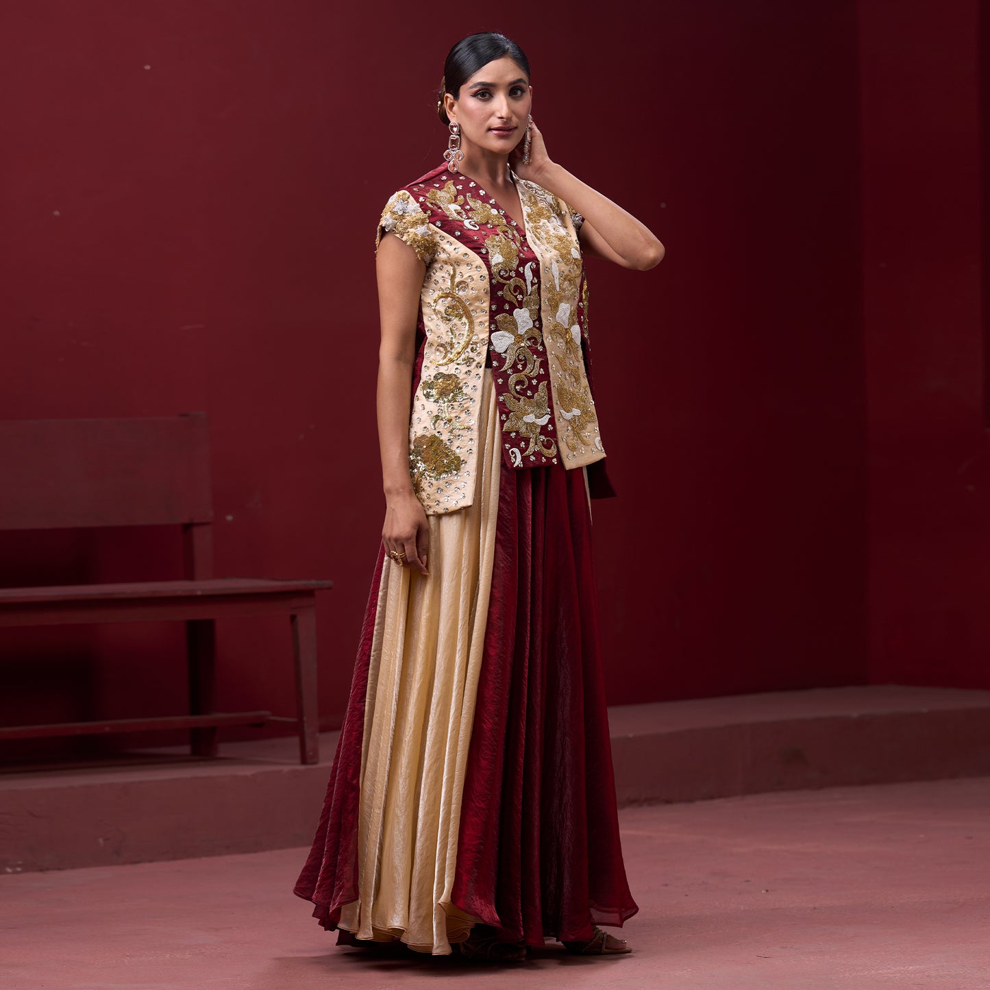 Flare Red & Cream Skirt with Embellished Top