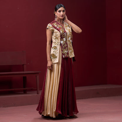 Flare Red & Cream Skirt with Embellished Top