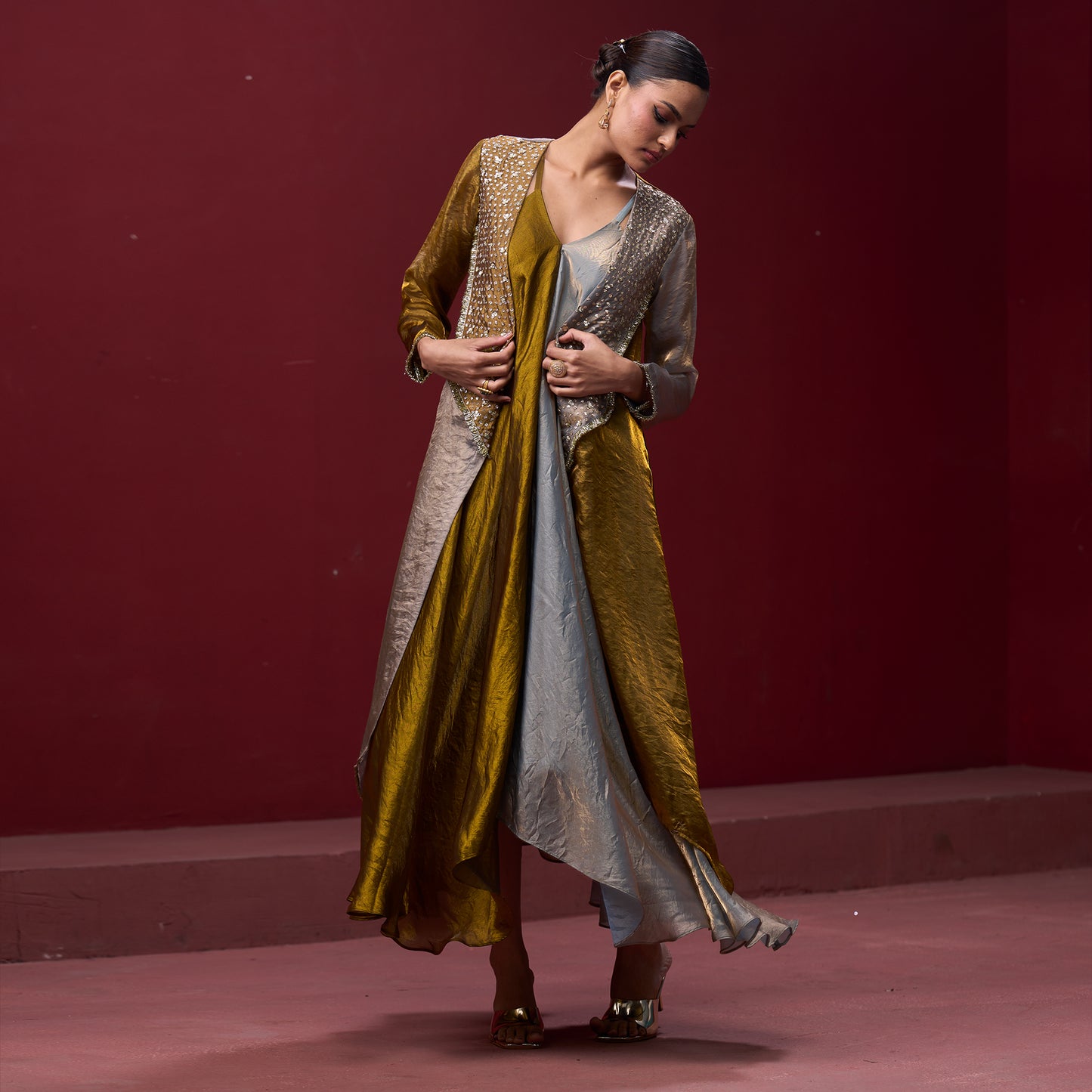 Flare Golden & Silver dress with embellished Jacket