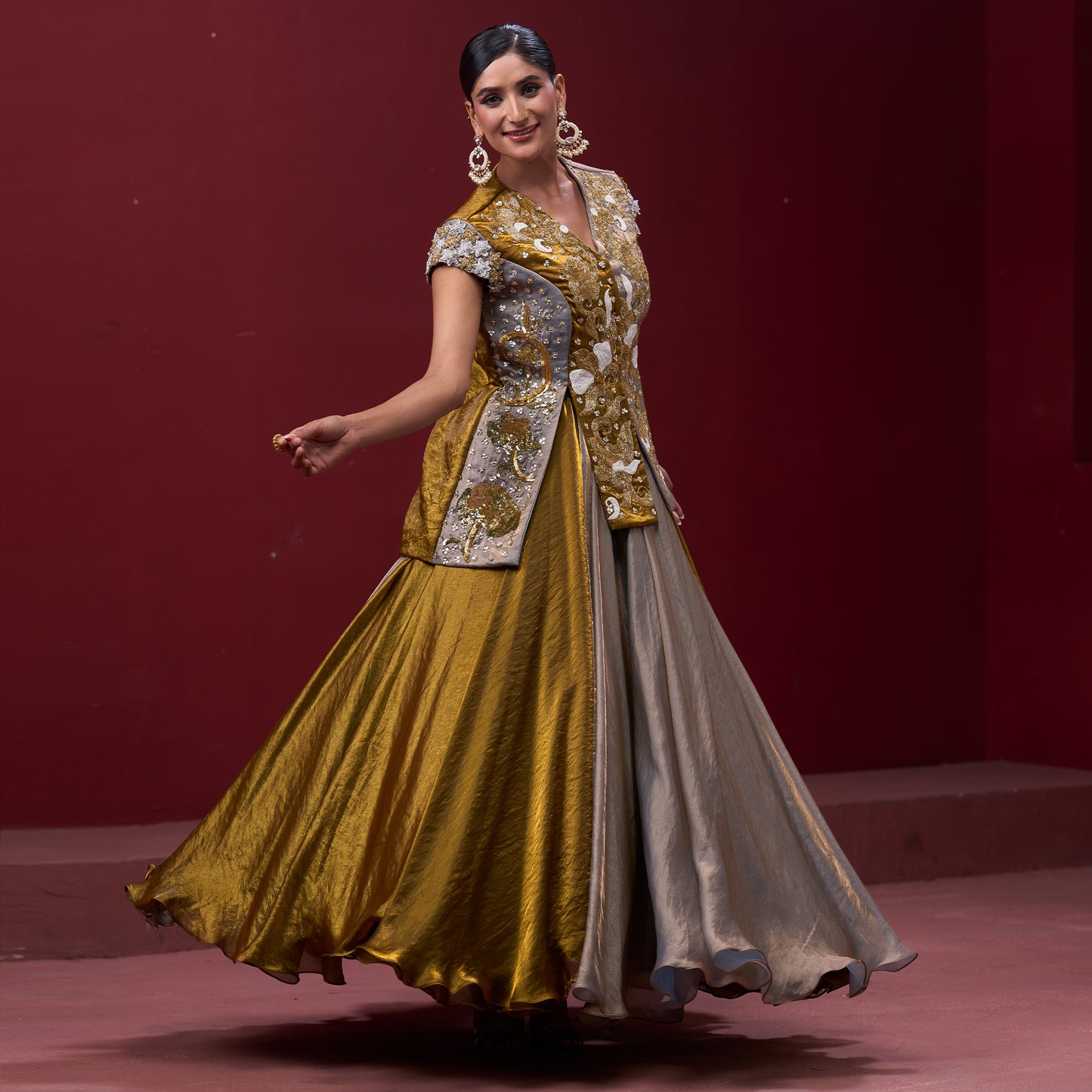 Flare Golden & Silver Skirt with Embellished Top