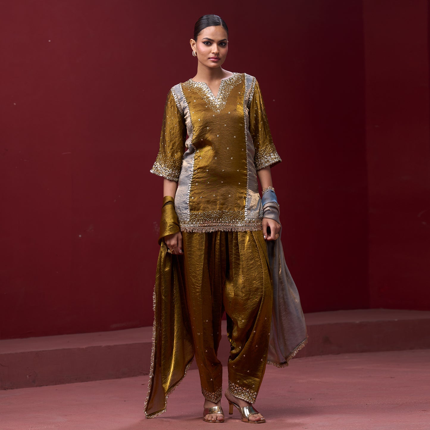 Farshi Golden & Silver Pant with Embellished kurta and Dupatta